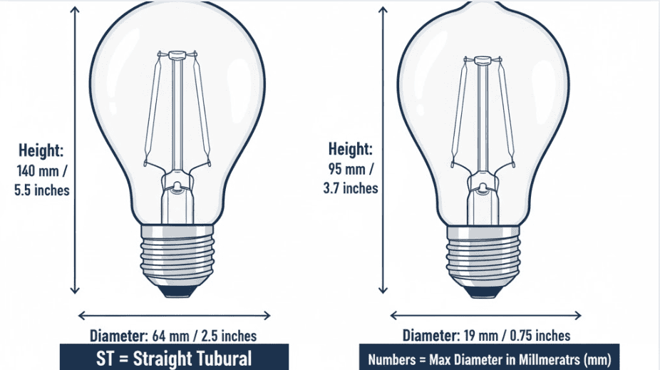 Here's a technical diagram comparing the ST64 and ST19 Edison bulbs, with precise measurements and a blueprint-style layout.
