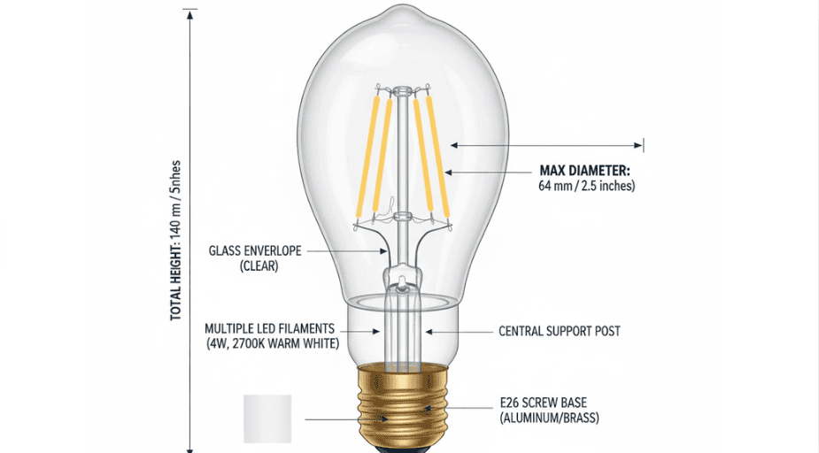 Here's an exploded technical diagram of an ST64 Edison bulb, showing its components with annotations and dimensions.