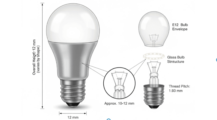 This is a drawing of the dimensions and specifications of an E12 bulb.