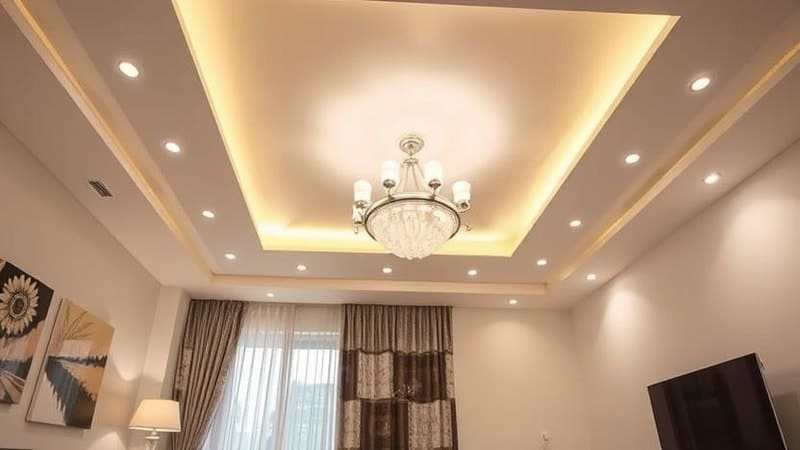 A chandelier in a well lit living room