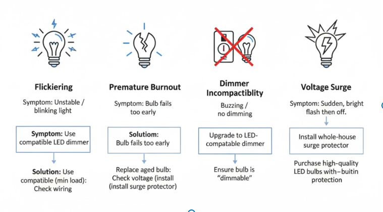 This is an E12 bulb troubleshooting chart with a pure white background.