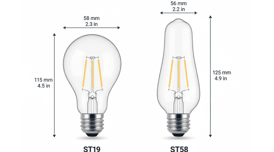 This is a side-by-side comparison of the ST58 and ST19 bulbs, showing their shapes, proportions, millimeter and inch dimension markings, as well as the E26 socket, featuring a simple white background and a modern vector style.
