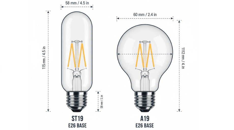 This is an accurate comparison infographic of the ST19 and A19 bulbs. They are displayed side by side with marked contour superimposition, highlighting the slender tubular shape of the ST19 and the more round pear-shaped of the A19. Both clearly show the E26 threaded base and include millimeter and inch size labels, with a clean white background and a modern professional vector illustration style.