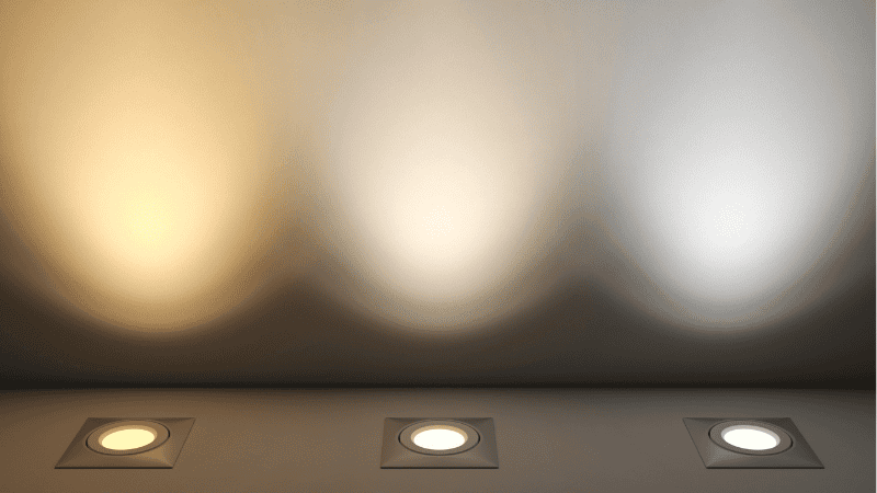 A comparison chart of the colors of 6500 k, 5000 k and 2700 k bulbs