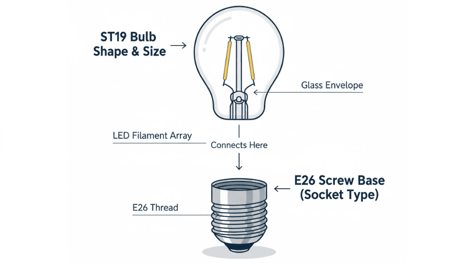 This is an educational infographic comparing the ST19 bulb with the E26 socket, showing an ST19 bulb with its bulb body and socket disassembled or cut open, accompanied by clear text labels and arrows explaining each term, featuring a clean white background and modern vector design.