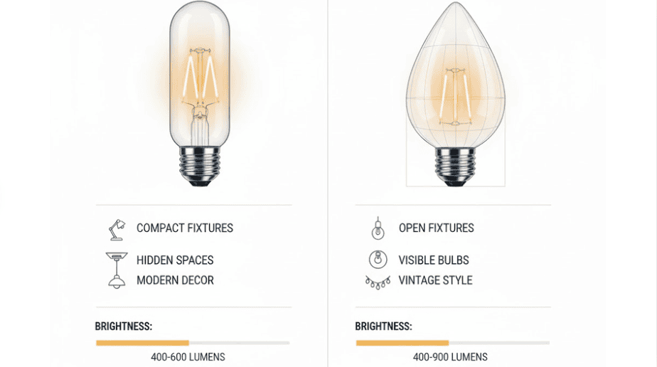 This is an infographic titled "How to Choose the Right Edison Bulbs for Your Lighting Fixtures", which showcases the ST19 and ST64 Edison bulbs side by side. Each bulb is marked with a key function and includes a brightness comparison bar and a lamp icon. It features a clean white background, warm amber glow, and an elegant modern vector infographic design.