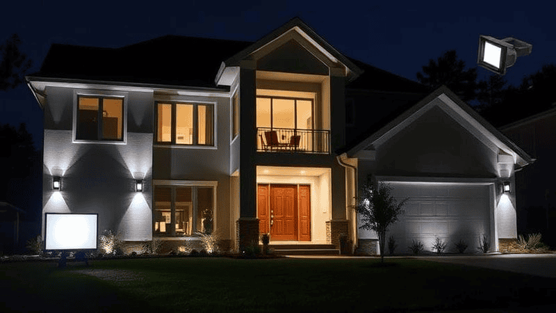 A modern home illuminated by various floodlights