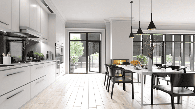 Modern kitchen with chandeliers and light strips