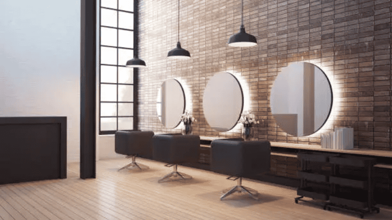 Lamps create a retro atmosphere for the barbershop.