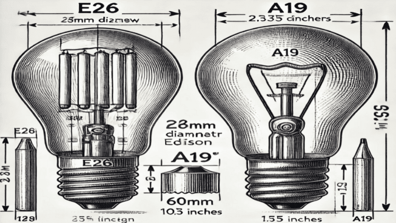 E26 vs. A19 size comparison diagram