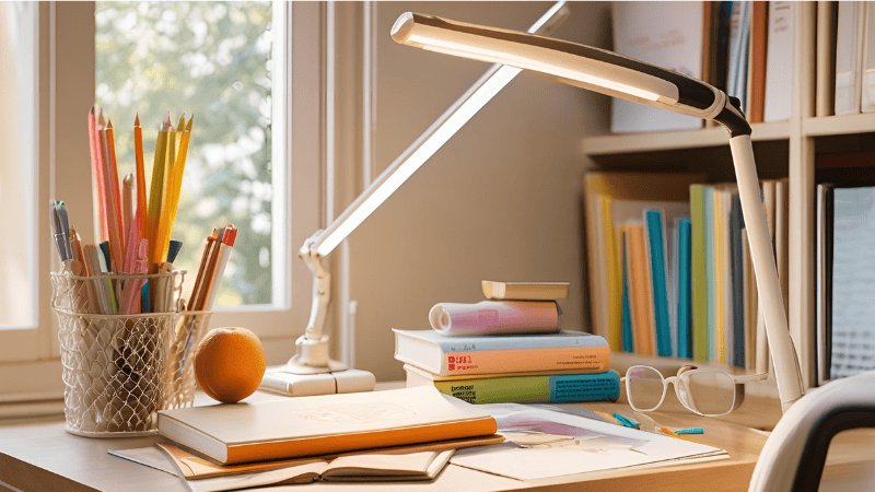 A girl is using moderately blue light for study 