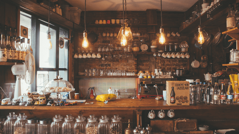 Bar kitchenette decorated with crystal chandeliers
