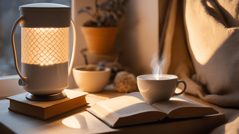 the natural lighting and warm led lighting brighten a book and a cup of coffee