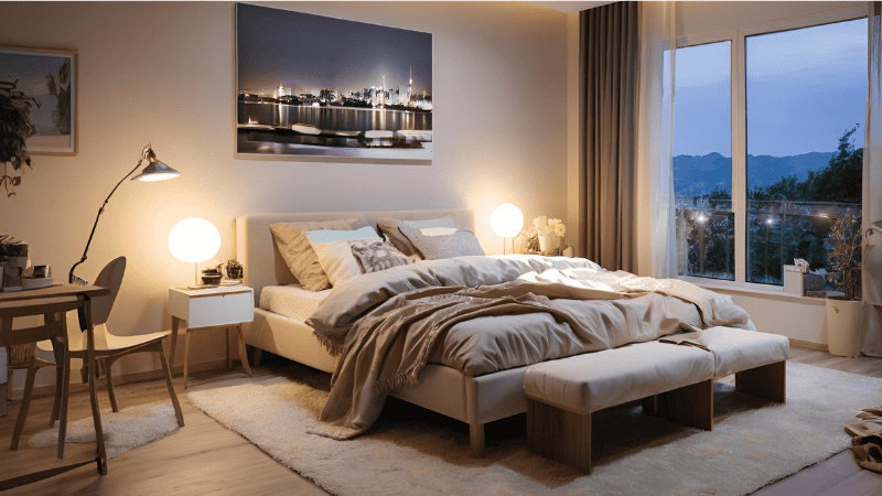 warm bedroom with the warm bulbs
