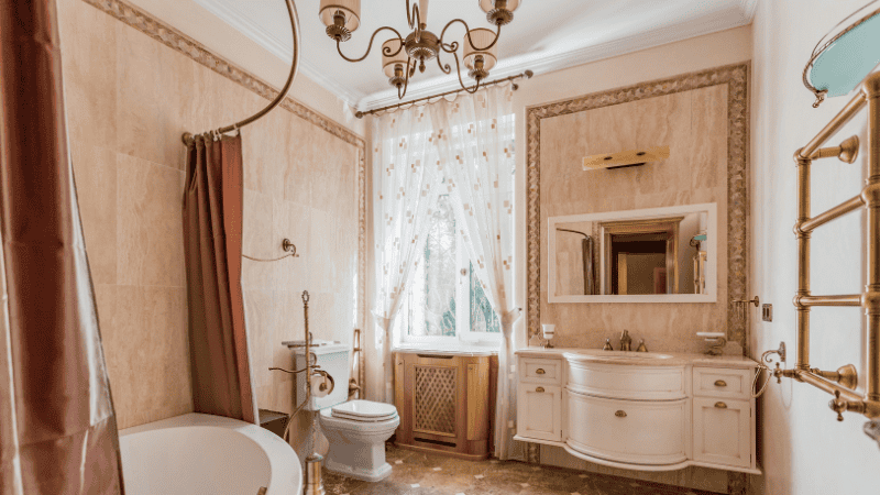 a classic chandelier above the bathroom