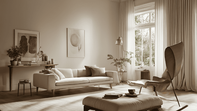 A well-lit room by neutral light. 
