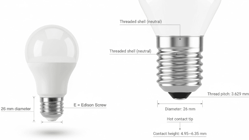 This is an ultra-clear semi-realistic macro close-up view of the E26 bulb base, showing metal threads with smooth reflections.