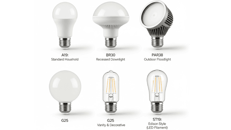 This is a high-end semi-realistic comparison image, showing multiple bulbs with E26 bases: A19, BR30, PAR38, G25, ST19. All the bulbs are presented with soft reflections, high definition and subtle shadows.