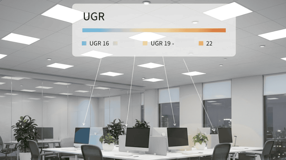 This is a modern office scene in the style of an infographic, with the UGR (Uniform Glare Rating) values of 16, 19, and 22 highlighted through visual indicators.