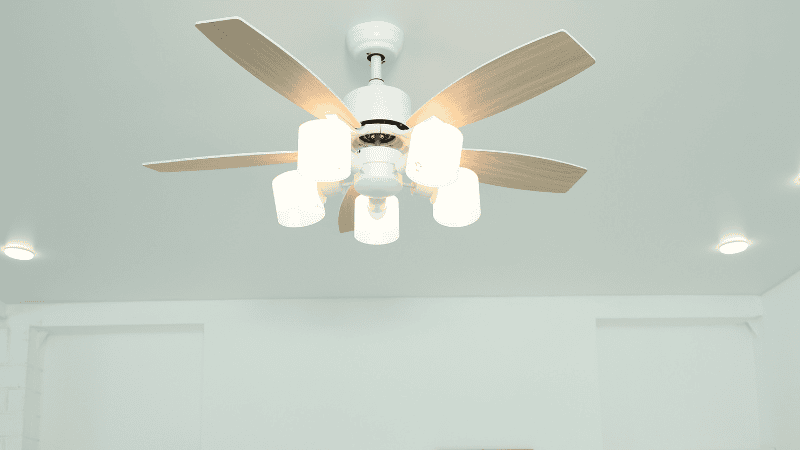 Light blue ceiling fan with lights