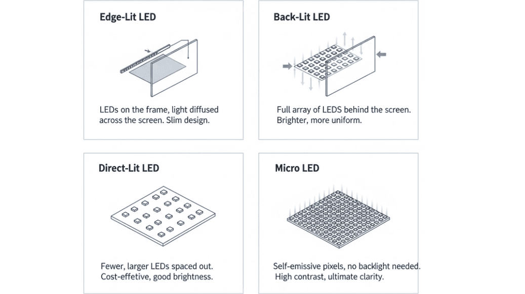 Here's a professional infographic showcasing four types of LED display technologies!