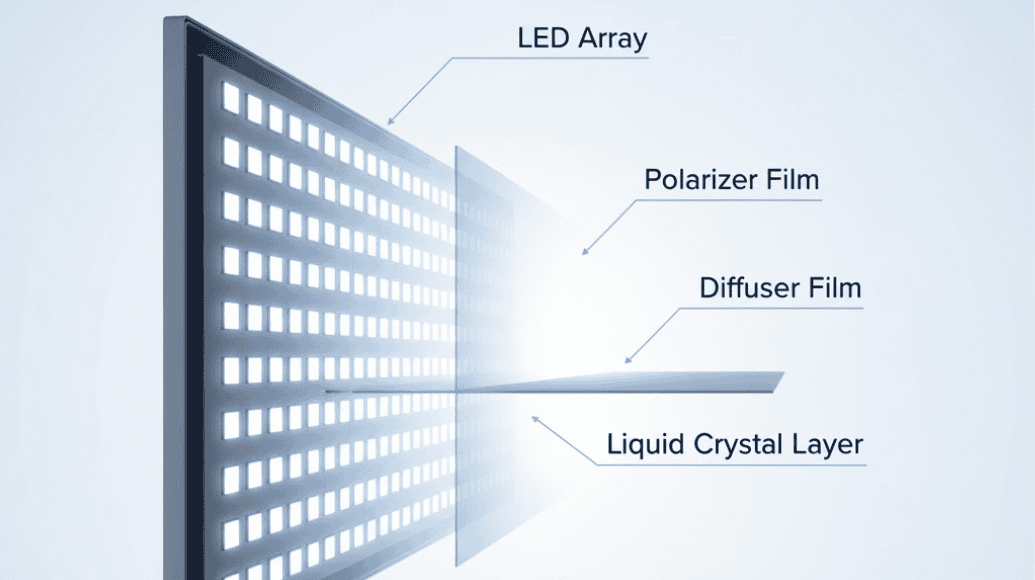 Here's a professional cutaway diagram illustrating the construction of a Backlit LED panel.