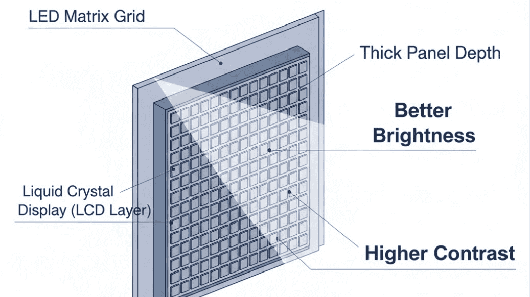 Here's a technical diagram comparing a Direct-Lit LED setup, highlighting its construction and benefits.