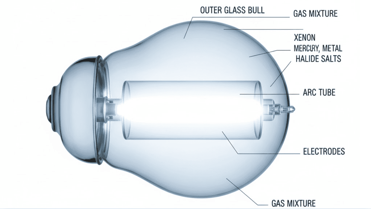 Here's a realistic cross-section illustration of a metal halide lamp in operation, complete with labeled parts and typical specifications.