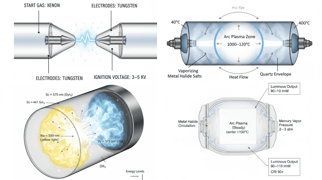 Here is a comprehensive infographic summarizing the MH lamp's working cycle in five steps, complete with 3D illustrations for each step, arrows indicating current and heat flow, a time scale, temperature chart, and labeled specifications, all presented in a clean, modern layout on a white background.