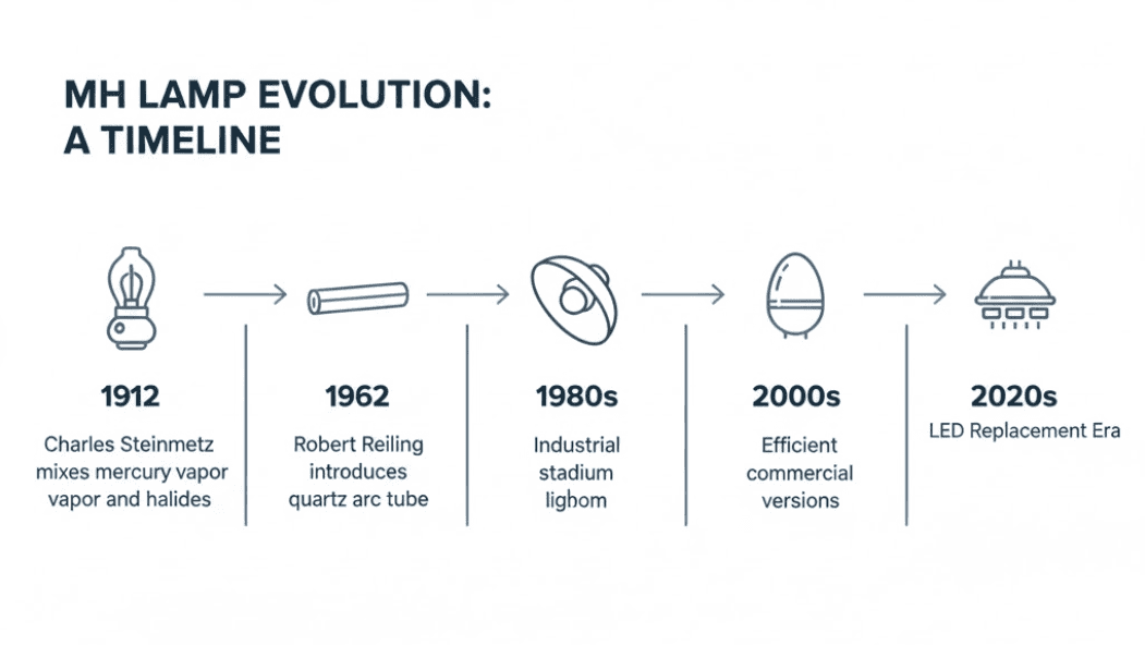 Here is a minimalistic, blue-gray modern infographic illustrating the timeline of metal halide lamp evolution, from Charles Steinmetz's early work to the current LED replacement era, with icons for each stage of development.