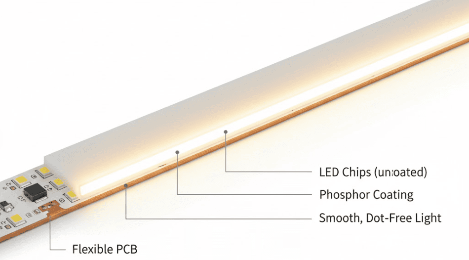Here is a detailed close-up infographic of a COB LED strip, illustrating its chip-on-board structure with labeled layers and a realistic glow effect, ideal for showcasing its use in interior design and professional lighting applications.