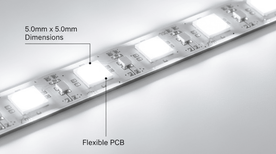 Here's a professional technical illustration comparing a 5050 SMD LED strip, highlighting its larger square LED chips and strong light output, ideal for commercial and office lighting applications.