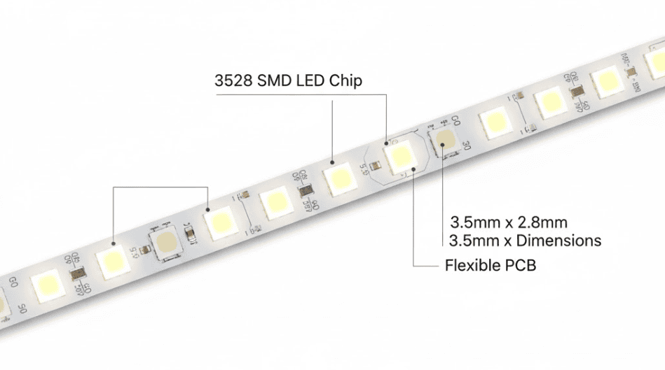 detailed illustration of 3528 SMD LED strip, smaller rectangular LED chips (3.5mm x 2.8mm), moderate light output, energy-efficient design, clean white background, realistic lighting effect, infographic layout showing use cases like shelf lighting, home ambiance, and decorative applications
Here's a detailed illustration of a 3528 SMD LED strip, emphasizing its smaller, energy-efficient design and moderate light output, presented within an infographic layout showcasing its ideal use cases like shelf lighting, home ambiance, and decorative applications.