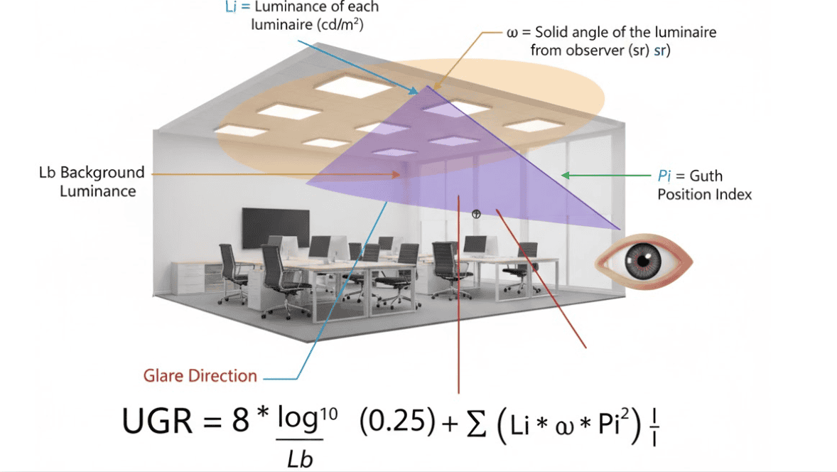 This is a professional semi-realistic lighting chart that illustrates the calculation of UGR (Uniform Glare Rating). It contains the complete UGR formula and visualizes a real office scene with desks, chairs, LED panel lights and ceilings.