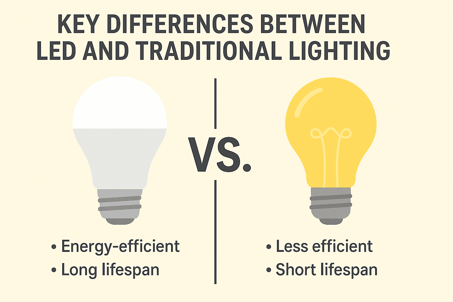 the image explain the kay difference between led lights and traditional lights