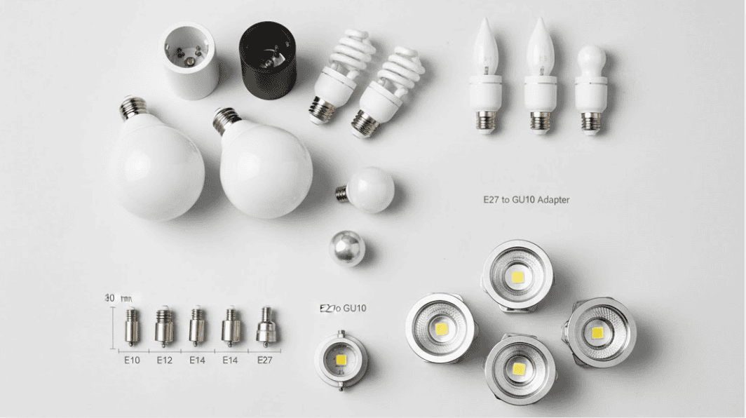 Here's an elegant display of various Risun Corp light sources and matching lamp holders in a professional catalog-style layout.