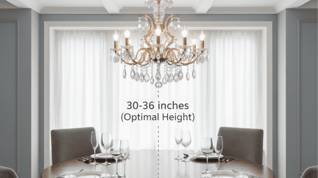 The golden rule for the hanging height of chandeliers in a restaurant: Under an 8-foot ceiling, the bottom of the chandelier should be 30 to 36 inches higher than the dining table.