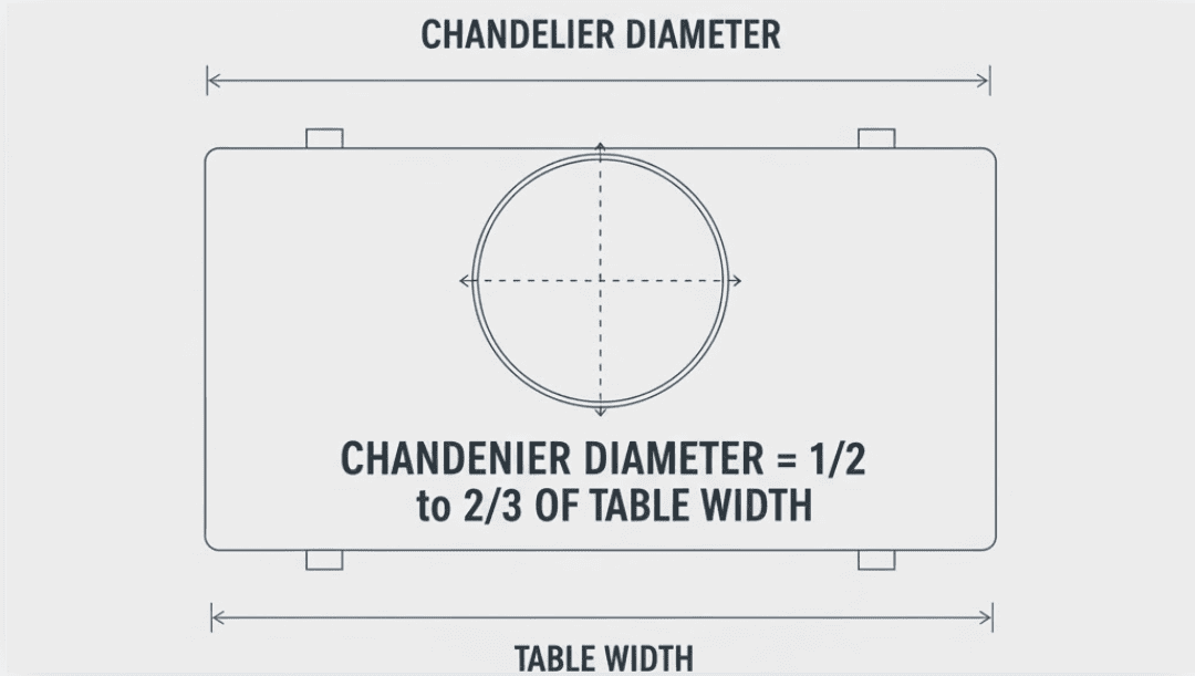 A schematic diagram of the ratio of the chandelier diameter to the dining table width, emphasizing the optimal size ratio of 1/2 to 2/3.