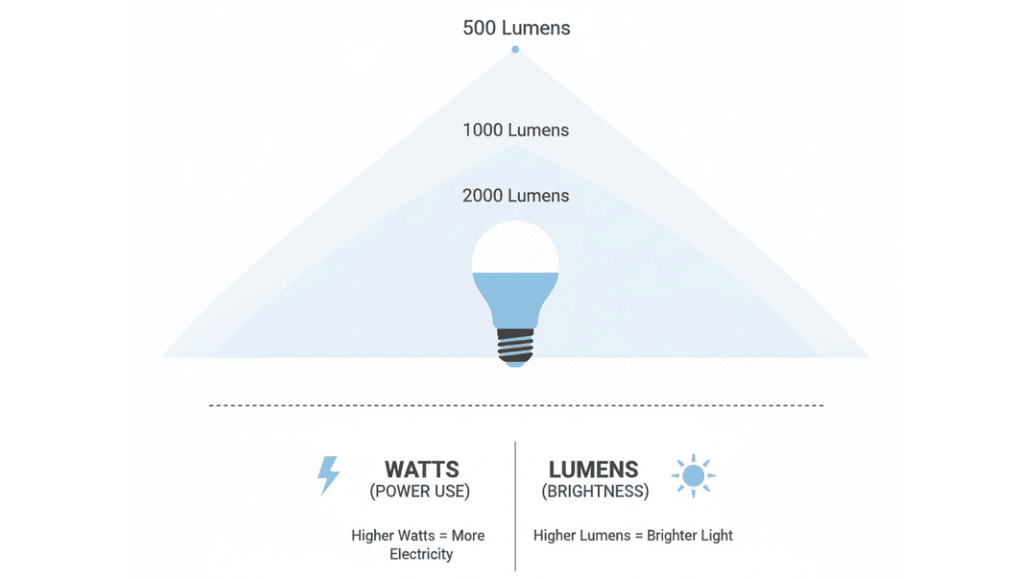 Here's an educational infographic explaining lumens! Include a small comparison between ‘watts vs lumens’. Clean, minimal design with white background and simple icons.