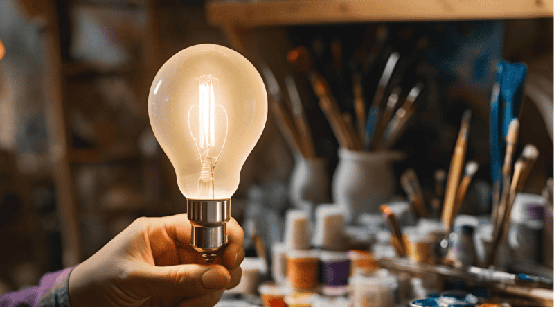 A young man was holding a light bulb in his studio