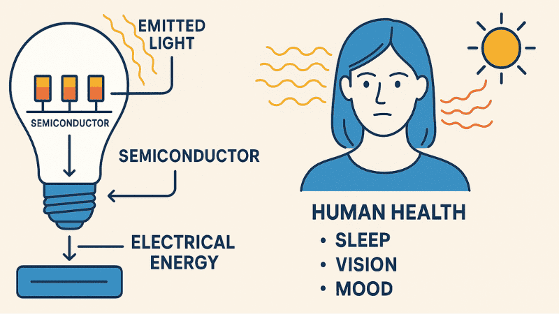 the image explain "How LED Lights Work and Their Impact on Human Health"