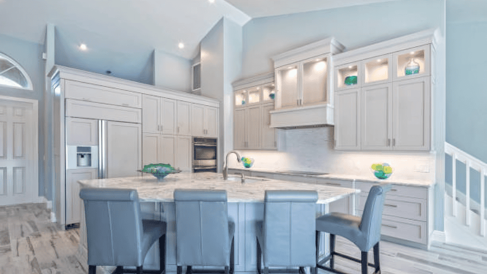 Recessed light fixtures in indoor space of a house. 