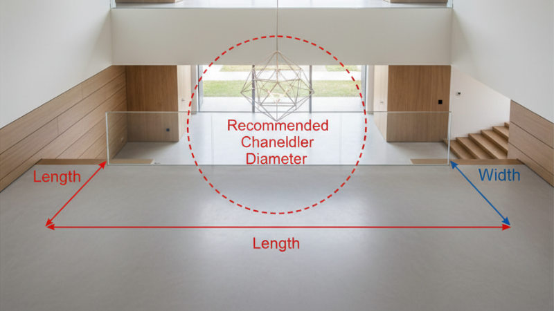 This 16:9 horizontal infographic architectural drawing shows a modern open foyer with a staircase platform. The length, width of the platform and the recommended diameter of the chandelier are clearly marked in the picture.