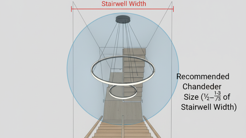 This is a 16:9 horizontal information schema architectural drawing, showing a narrow modern staircase. The width of the staircase is marked in the picture, and the recommended chandelier size is highlighted by a shaded circle, with a diameter of approximately 1/2 to 2/3 of the staircase width.